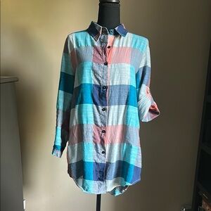 Multicolor Plaid Button Up Tunic w/ optional elbow sleeve button
